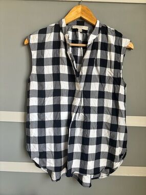 LOFT Black & White Buffalo Check Sleeveless Top with Mandarin Collar